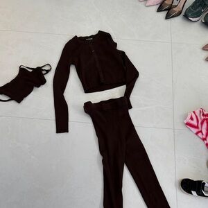 Ribbed Knit High-Waist Pants & Cropped Cardigan Set - Dark Brown